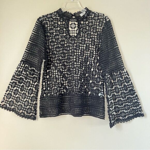 Honey & T Black Crochet High Collar Bell Sleeve Whimsy Goth Boho Blouse Top SZ L - Picture 3 of 15